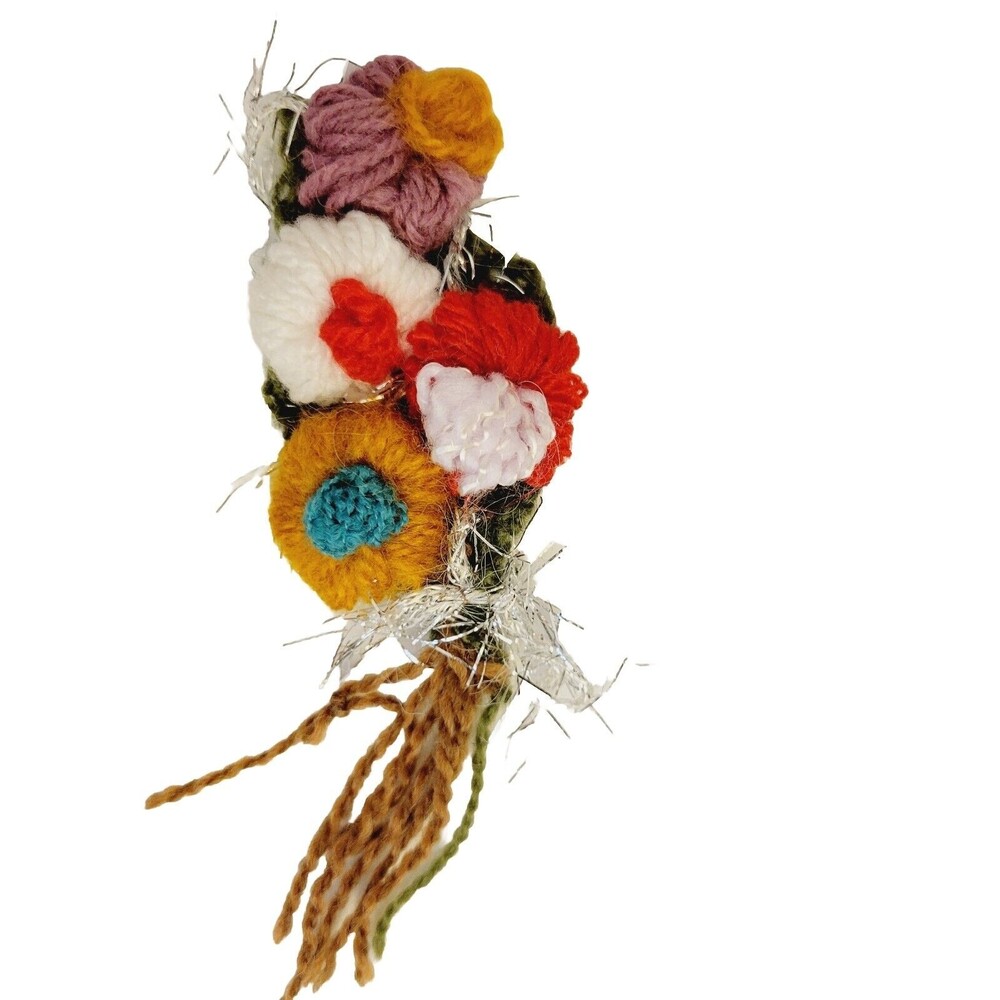 Handmade Knitted Green Retro Style Scarf With Handcrafted Colorful Flower Pin - Picture 8 of 11